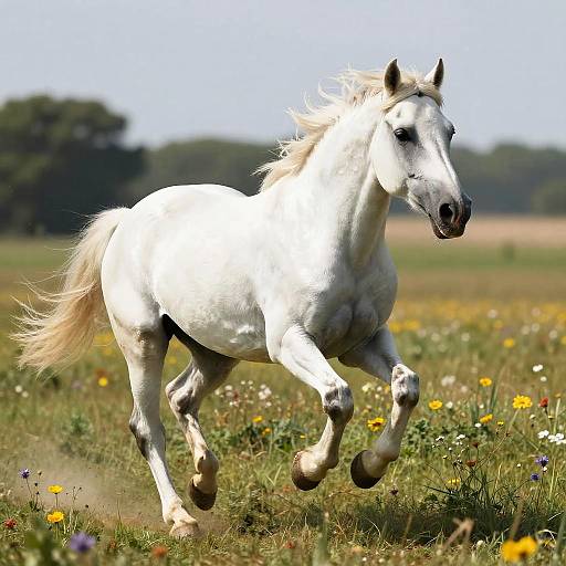 White Horse Sprinting in Meadow
