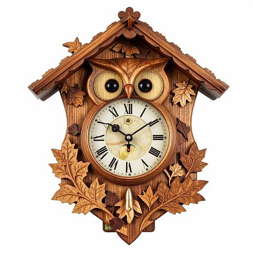 Carved wooden owl clock with large black eyes, white face, black Roman numerals, and autumn leaves, set against a white background.
