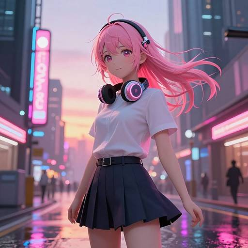 Digital anime-style artwork of a pink-haired girl with headphones, white shirt, and black skirt, standing in a neon-lit, rainy city street.