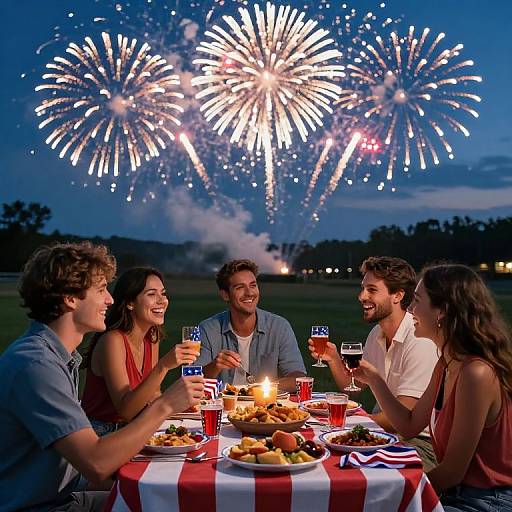 Photograph of five smiling young adults celebrating outdoors at night with a fireworks display, eating at a red-and-white checkered table.
