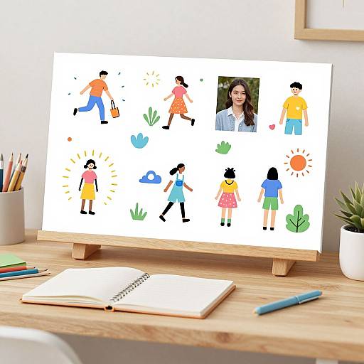 Colorful children's illustration on a wooden easel, featuring diverse kids in bright clothes, displayed on a desk with a notebook and pencils.