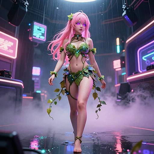 Digital CGI of a pink-haired anime girl with glowing purple eyes, wearing a leafy, neon-lit bikini, striding confidently in a neon-l