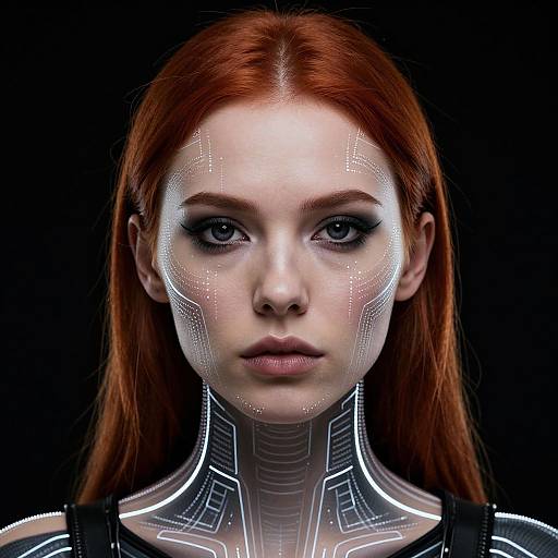 Digital portrait of a pale-skinned, red-haired woman with glowing, circuit-like patterns on her face and neck, set against a black background. Cyber
