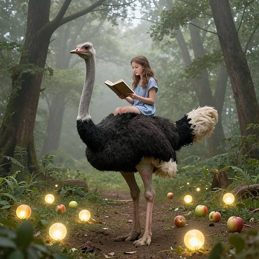 Photograph of a young girl with long brown hair, wearing a blue dress, sitting on an ostrich reading a book in a magical forest with glowing