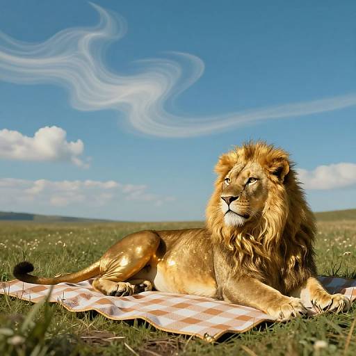 Golden lion on checkered blanket in surreal meadow
