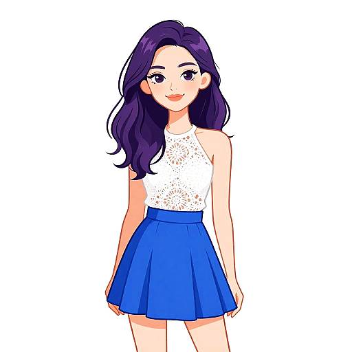 Digital anime-style drawing of a smiling young woman with long purple hair, wearing a white lace top and blue skirt, against a plain white background.