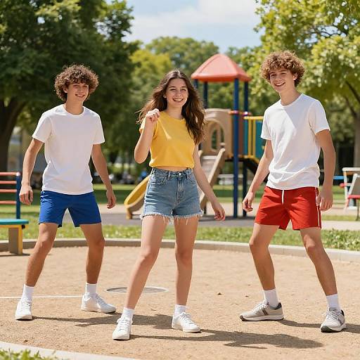 Photograph of three smiling teenagers, two boys in white shirts and blue/red shorts, one girl in yellow top and denim shorts, walking in sunny park