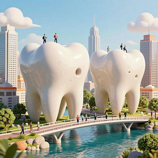 Digital art of two giant white teeth towering over a city, connected by a bridge with people walking. Skyscrapers in the background, blue sky