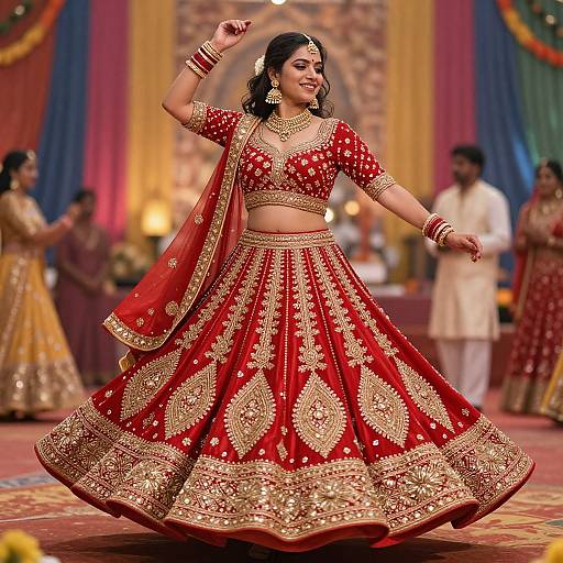 Joyful Woman in Crimson Indian Lehenga