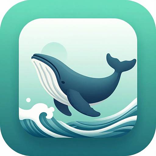 Digital illustration of a blue whale leaping out of stylized ocean waves, set against a gradient teal background with rounded corners.