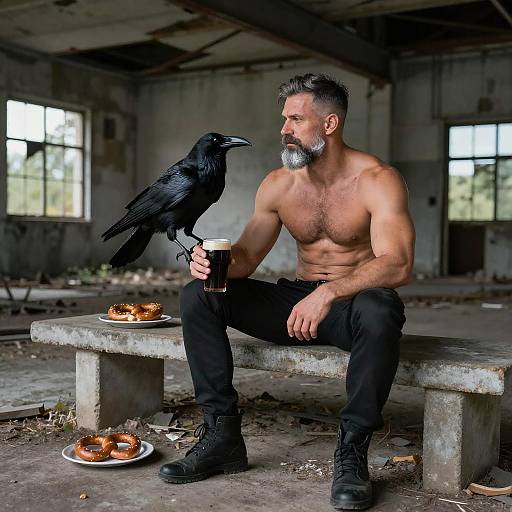 Shirtless Man with Raven and Beer in Abandoned Building