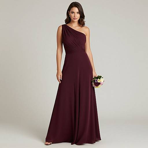 Photograph of a dark-haired woman in a sleeveless, one-shoulder, deep purple evening gown, holding a small floral bouquet, standing against