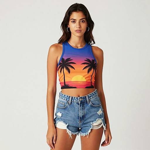 Woman in Tropical Palm Tree Sunset Crop Top and Distressed Denim Shorts