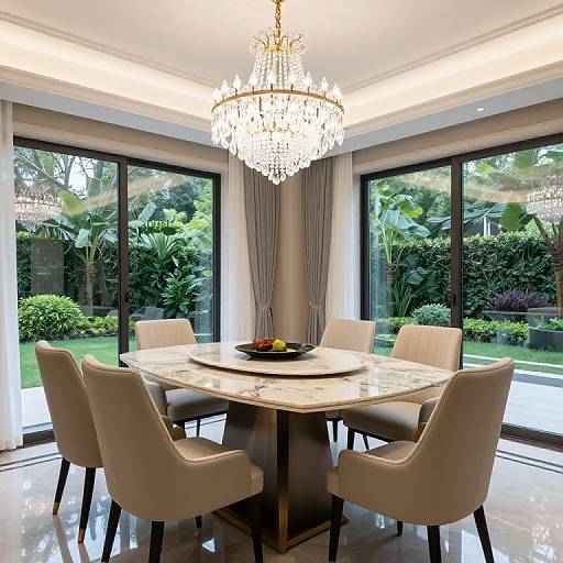 Photograph of a modern dining room with a white marble table, six white upholstered chairs, crystal chandelier, and large glass windows overlooking a lush