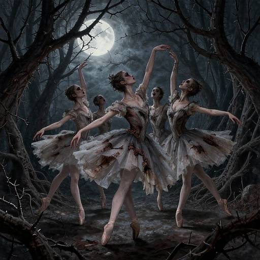 Digital painting of four ballet dancers in tattered, blood-stained tutus, dancing under a full moon in a dark, eerie forest.