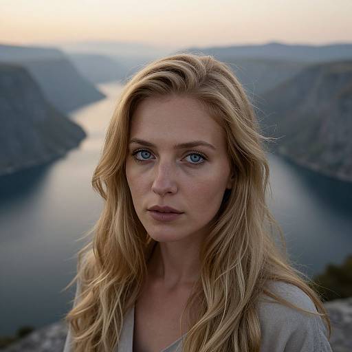 Photograph of a blonde woman with blue eyes, wearing a gray shirt, standing against a serene mountainous lake landscape at sunset.