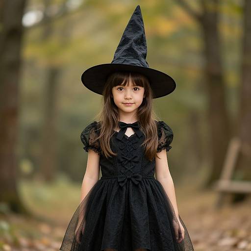 Photograph of an Asian girl in a black witch costume with a pointed hat, standing in a blurred forest with autumn foliage.