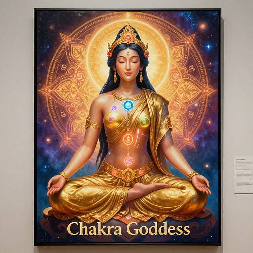 Digital artwork of Chakra Goddess with golden attire, meditating in lotus position, surrounded by glowing mandala and cosmic background.