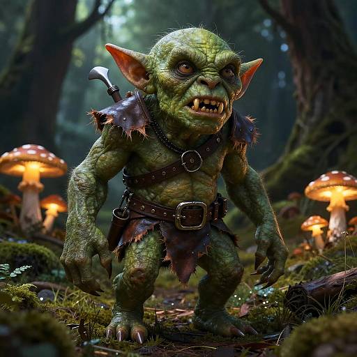 Digital artwork of a fierce, green-skinned goblin with sharp teeth, large ears, and tattered leather armor, standing amidst glowing mushrooms in a