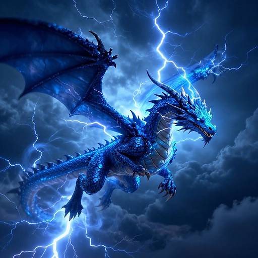 Digital illustration of a blue, electric-lit dragon with glowing eyes and sharp spikes, flying through a stormy sky with vivid lightning bolts.