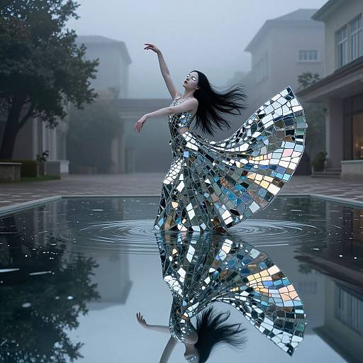Photograph of an Asian woman with long black hair, wearing a shimmering, mosaic-patterned dress, gracefully dancing in a reflective, misty courtyard