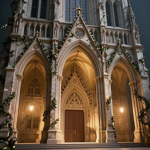 Photograph of a Gothic cathedral at night, featuring three intricately carved archways adorned with ivy, illuminated by warm, glowing lights.