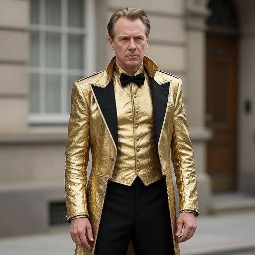 Photograph of a middle-aged man with light skin wearing a shiny gold tuxedo with black lapels and bow tie, standing in front of a