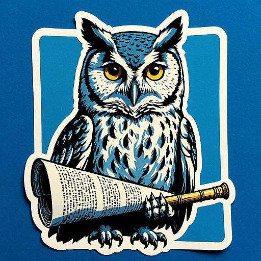 Owl Sticker with Scroll on Blue Background