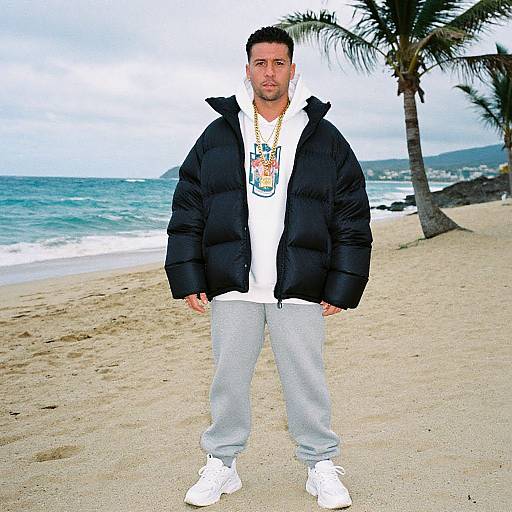 Photograph of a bearded man with short dark hair, wearing a black puffer jacket, white hoodie, gray sweatpants, and white sneakers,