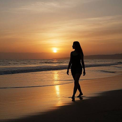 Silhouetted woman walking on a beach at sunset, with the golden sun reflecting on wet sand and calm ocean waves. Photograph.