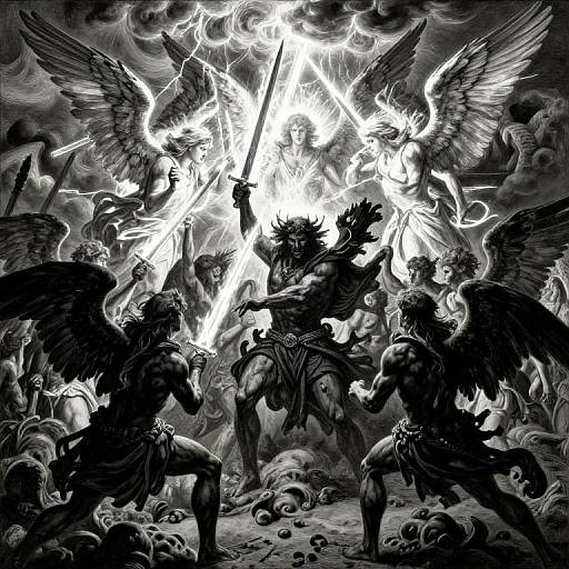 Monochrome digital drawing: Angelic warriors with wings clash against dark winged warriors, lightning illuminating chaotic sky, swords raised, skulls scattered below.