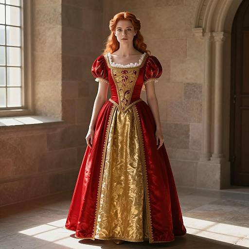 Redhead Woman in Medieval Red and Gold Dress