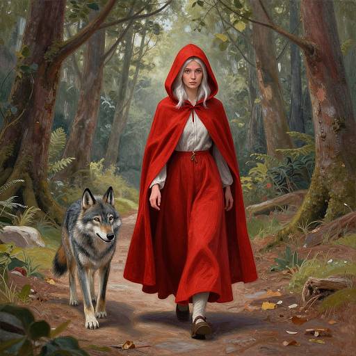 Digital art of Little Red Riding Hood in forest, wearing red cloak and skirt, white blouse, brown shoes, walking beside a wolf. Sunlight filters