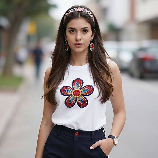 Photograph of a young woman with long brown hair, wearing a white sleeveless top with a colorful floral design, black pants, and a silver head