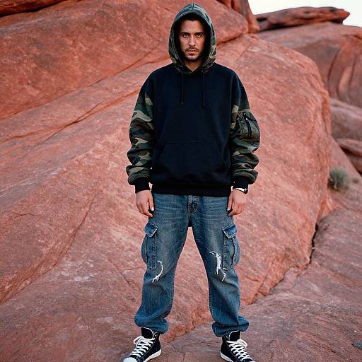 Photograph of a bearded man in a black camouflage hoodie, blue jeans with white designs, and black sneakers, standing against red rock formations.