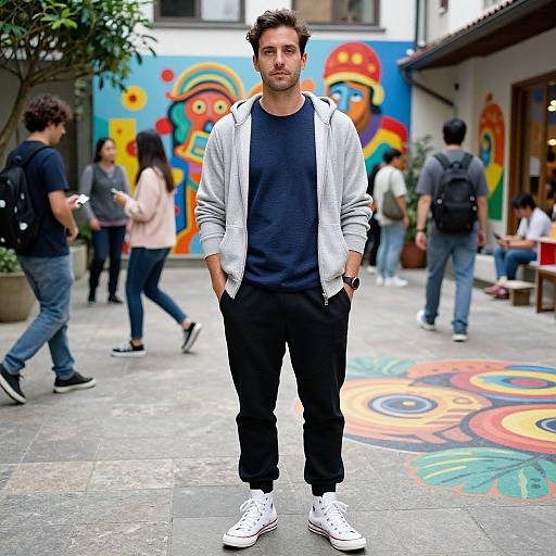 Man in Casual Wear Amid Vibrant Murals