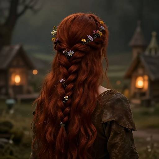 Photograph of a woman with long, red braided hair adorned with flowers, facing away, wearing a dark medieval-style dress, in a dimly