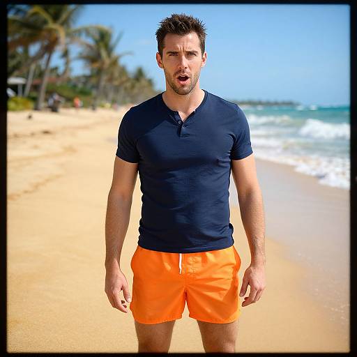 Photograph of a fit, dark-haired man with a surprised expression, wearing a navy t-shirt and bright orange shorts, standing on a sunny, sandy
