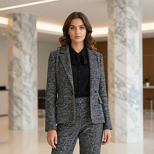 Photograph of a confident woman with wavy brown hair, wearing a black and white speckled suit, black blouse, standing in a modern,