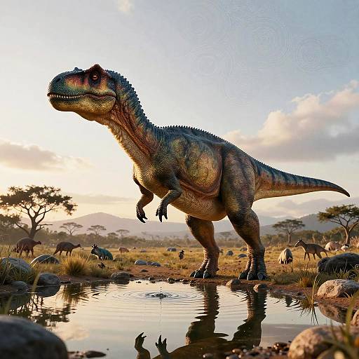 Photorealistic digital artwork of a large, green-scaled, prehistoric dinosaur standing in a sunlit savanna, reflecting in a waterhole with