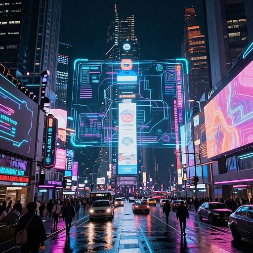 Neon-lit, cyberpunk-style photograph of a bustling, rain-soaked city street at night with vivid blue, pink, and white electronic signs