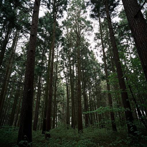 Photograph of a dense forest with tall, dark brown pine trees, sparse green underbrush, and a bright, overcast sky peeking through.