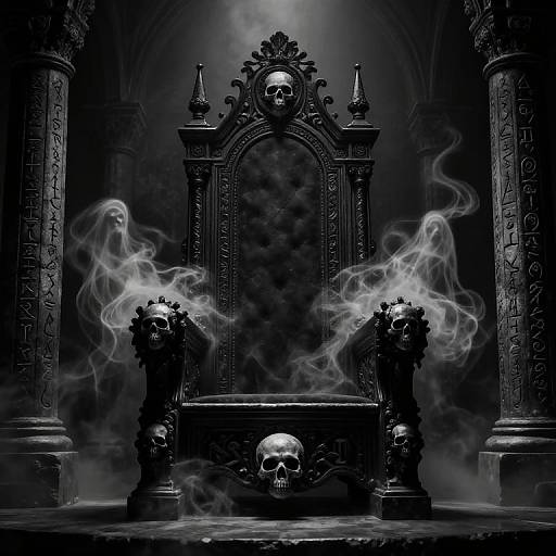 Gothic throne with skull motifs, surrounded by eerie smoke, flanked by ornate columns, and dark, mysterious lighting. Digital art.