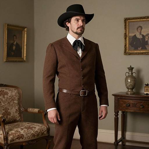 Photograph of a bearded man in brown 19th-century suit, black hat, standing in a vintage room with framed portraits and antique furniture.
