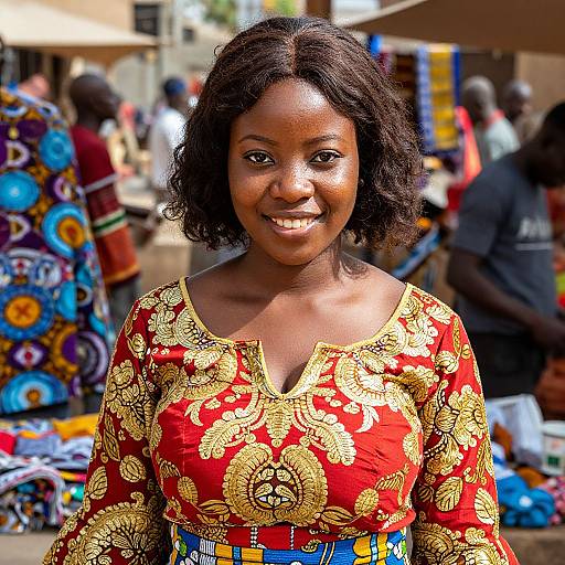 Photograph of a smiling African woman with dark skin and curly black hair, wearing a vibrant red and gold patterned dress, standing outdoors at a colorful