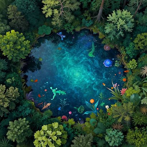 Aerial view of a vibrant, bioluminescent pond surrounded by lush, colorful foliage with floating plants and glowing underwater creatures. Digital art.