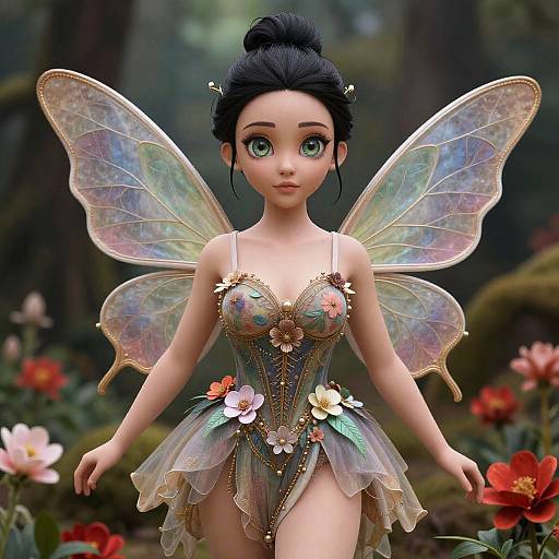 Digital CGI fairy with large green eyes, black hair in a bun, wearing a floral, iridescent dress, and delicate, translucent wings, standing