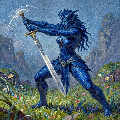 Digital fantasy artwork of a blue-skinned, horned warrior with long hair, wielding a glowing sword in a vibrant, flower-filled meadow.