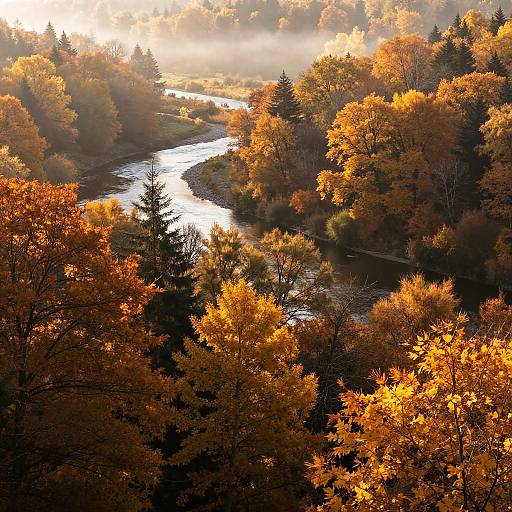 Autumn Forest with Winding River and Morning Mist