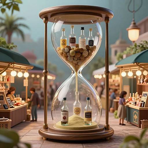 Photorealistic CGI of a glowing hourglass in a bustling outdoor market, filled with bottles and flowers, surrounded by market stalls and warm streetlights.